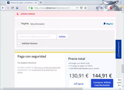 Avis sur la réservation de vol eDreams : Possibilité de payer avec PayPal