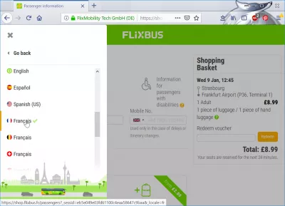 Преглед на резервацията на Flixbus : Промяна на езика и валутата