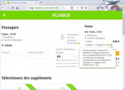 Vérification de la réservation Flixbus : Validation de la politique du panier et de l'enregistrement des bagages