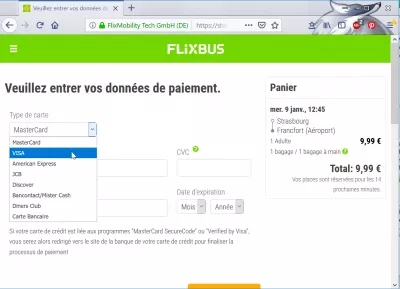 Revisão de reserva de Flixbus : Inserindo informações de pagamento
