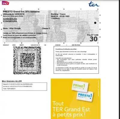 火車TER SNCF門票預訂GrandEst Strasbourg : 個人TER SNCF火車票PDF打印票